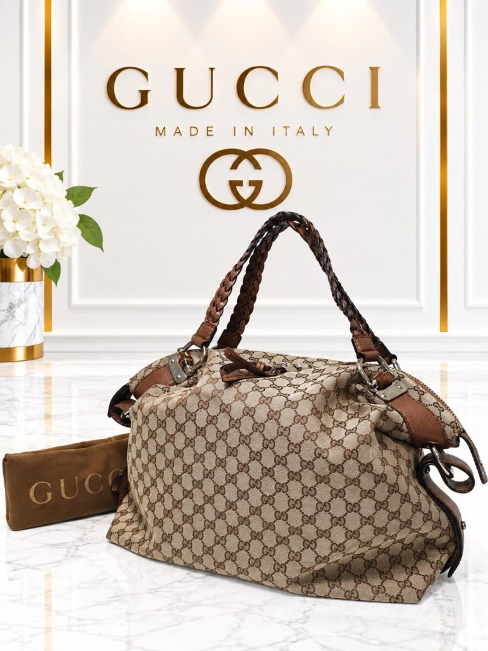 Authentic Gucci GG Monogram Canvas Boston Bag Brown Leather Braided Handle Bag